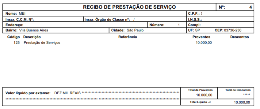 Recibo de Prestação de Serviço número 4 emitido para MEI, no valor total de proventos e valor líquido de 10.000,00, sem descontos.