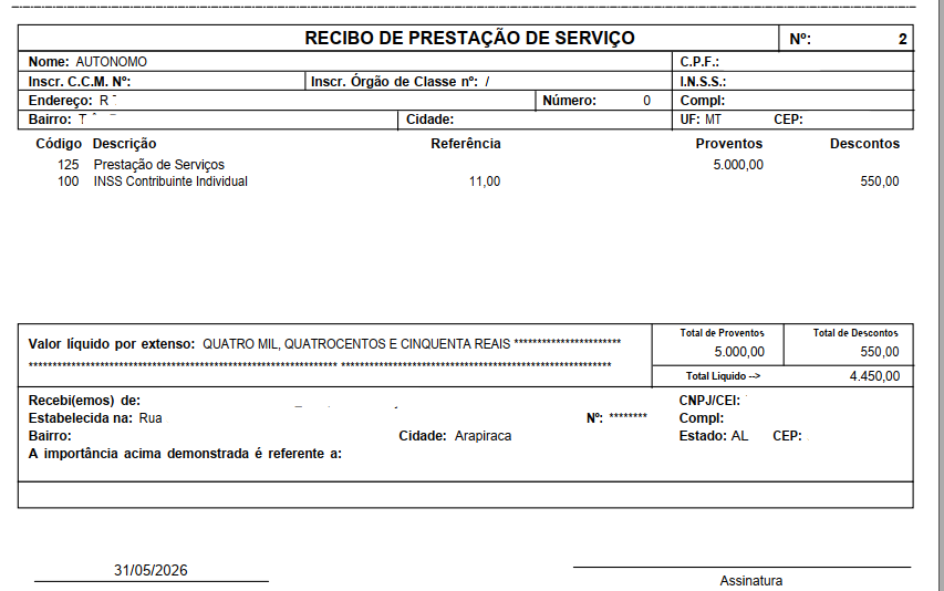 Documento digital de "Recibo de Prestação de Serviço" número 2 para Autônomo, detalhando proventos de 5.000,00 e descontos de INSS.