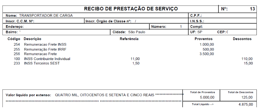 Recibo de Prestação de Serviço número 13 para "Transportador de Carga", discriminando remunerações de frete, INSS e SEST.