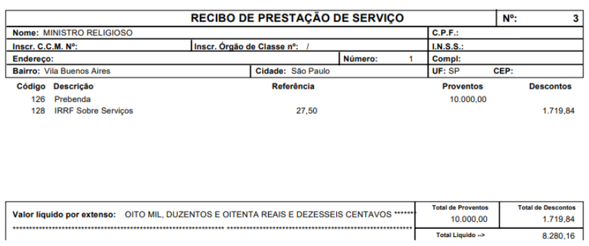 Recibo de Prestação de Serviço número 3 para "Ministro Religioso", com provento de Prebenda de 10.000,00 e desconto de IRRF.