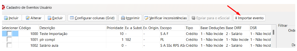 Tela de Cadastro de Eventos Usuário com uma seta vermelha apontando para o botão Importar evento.