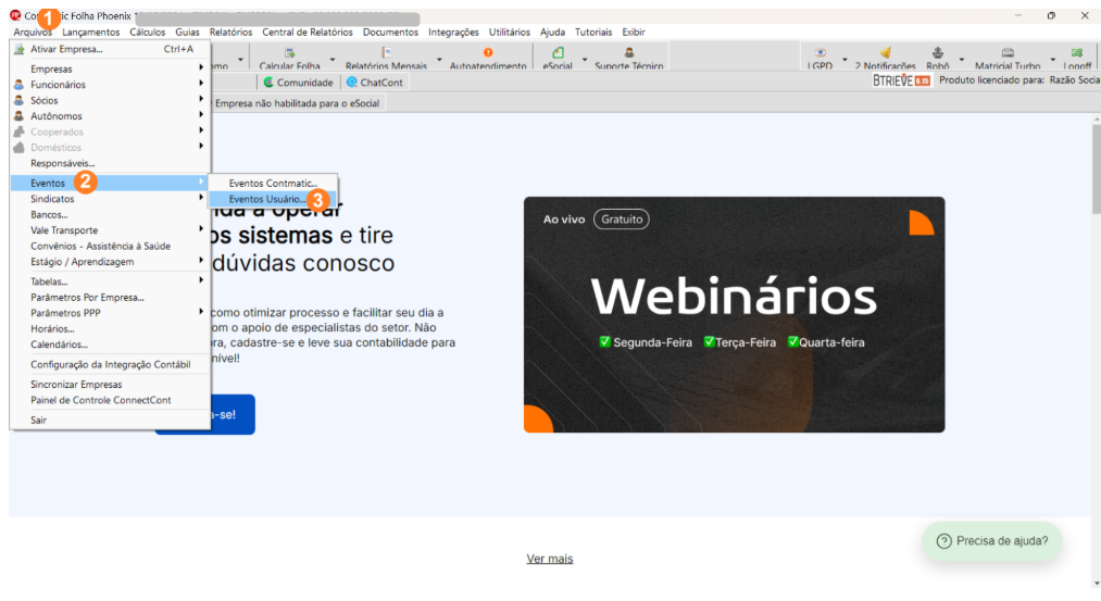 Tela do sistema Folha Phoenix com o menu Arquivos aberto, selecionando a opção Eventos e depois Eventos Usuário.
