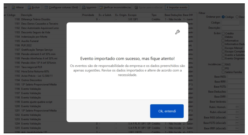 Mensagem de sucesso na tela informando: "Evento importado com sucesso, mas fique atento!", com botão para confirmar.