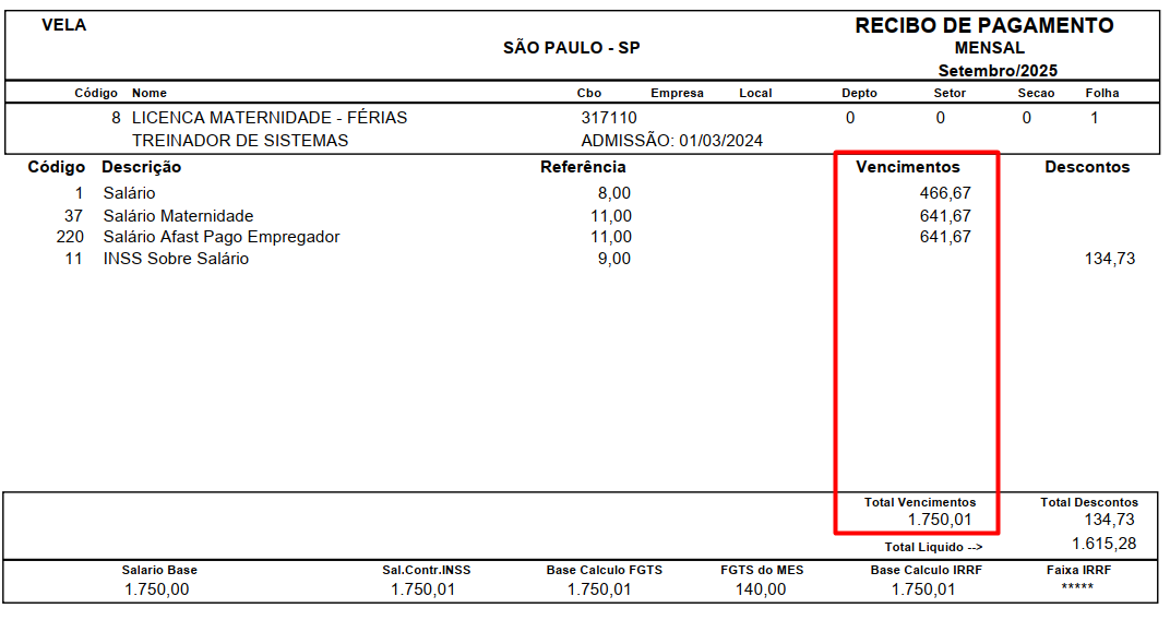 Holerite de setembro/2025 com destaque em vermelho na coluna de vencimentos, detalhando salário, salário maternidade e salário afastamento.
