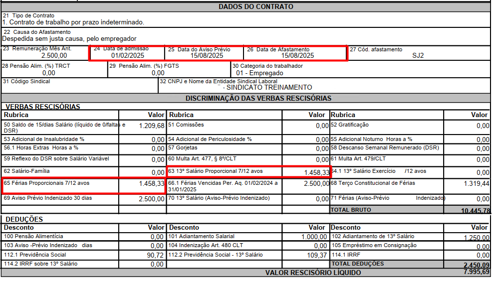 Demonstrativo de rescisão sem os eventos 75 e 213