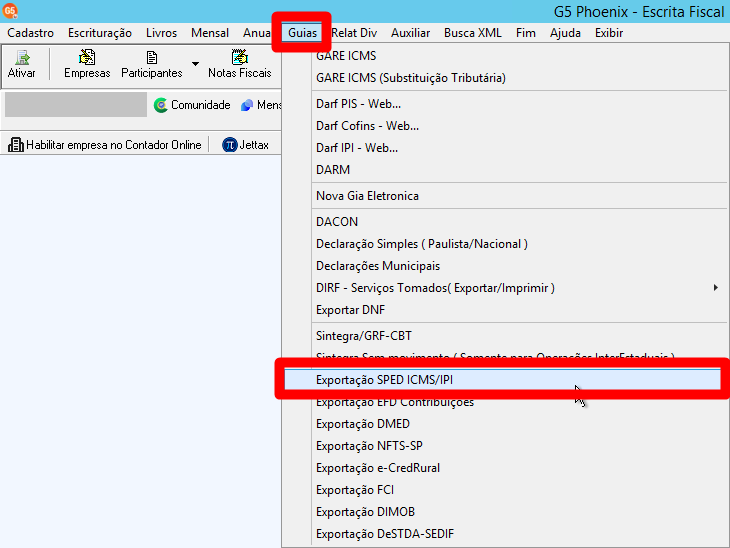 Menu do software G5 com a aba guias selecionada e destaque em um retângulo vermelho na opção exportação SPED ICMS/IPI.