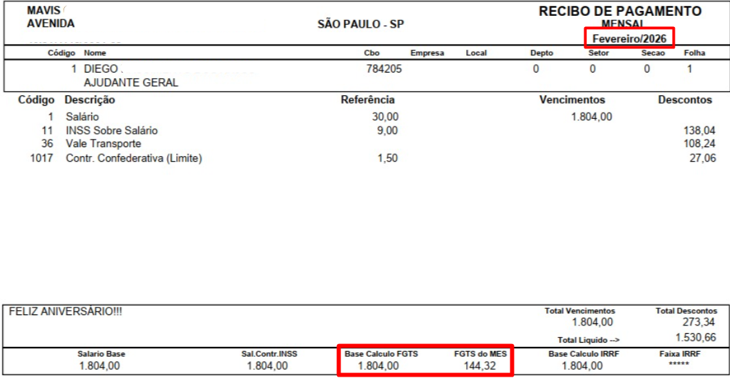 Recibo de pagamento mensal com retângulos vermelhos destacando o mês Fevereiro/2026 e os valores de Base Cálculo FGTS e FGTS do Mês.