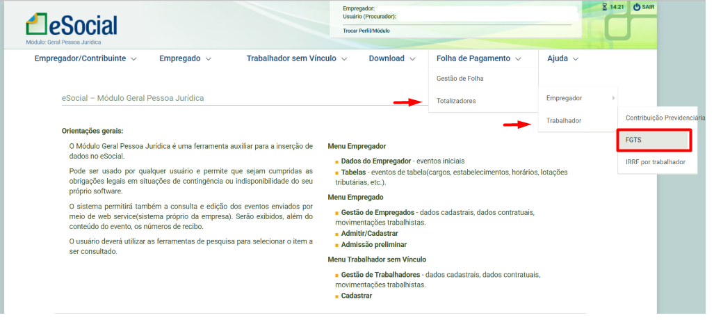 Tela do eSocial com setas vermelhas indicando o caminho do menu até a opção FGTS, que está destacada por um retângulo vermelho.