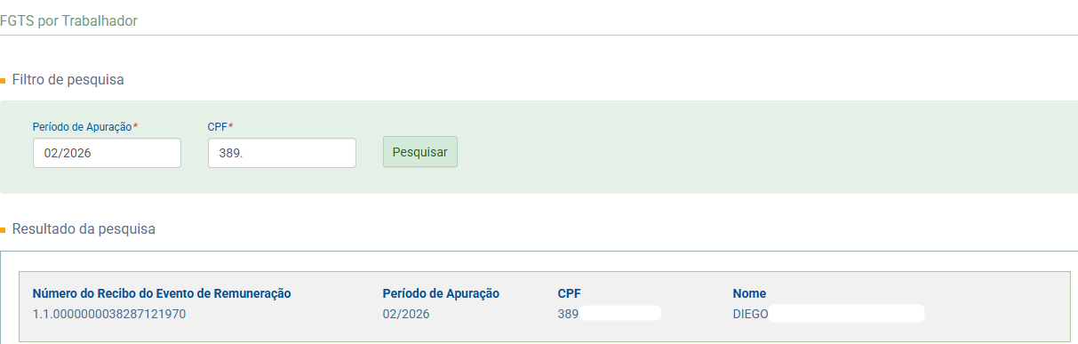 Tela do eSocial com o resultado da pesquisa de FGTS por Trabalhador, exibindo os dados e número do recibo do funcionário Diego em 02/2026.