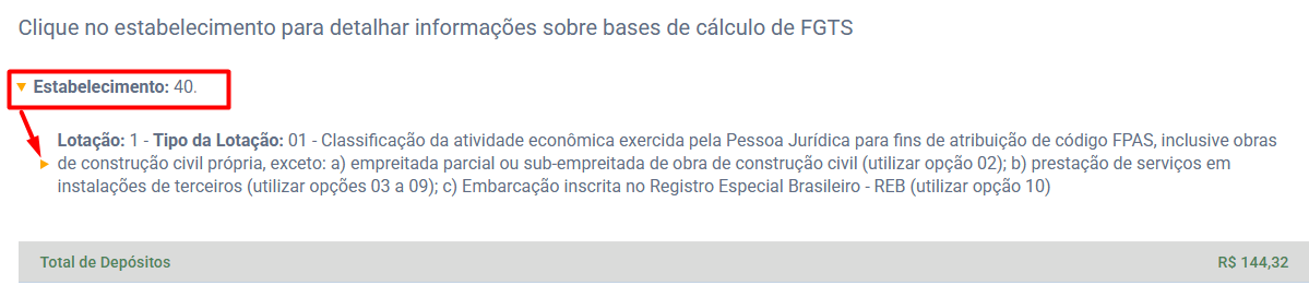 Tela do eSocial com retângulo vermelho em "Estabelecimento: 40" e seta indicando o detalhamento das informações da lotação.