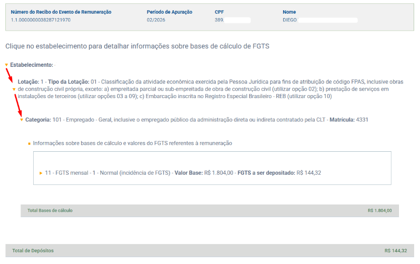 Tela do eSocial com setas vermelhas mostrando o desdobramento de Estabelecimento, Lotação e Categoria para os valores de FGTS de Diego.