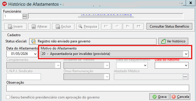 Tela de Histórico de afastamentos com destaque em vermelho para o motivo "20 - Aposentadoria por invalidez (provisória)" selecionado.