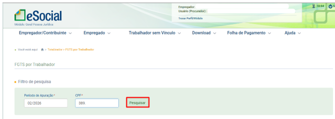 Tela do eSocial na página FGTS por Trabalhador com um retângulo vermelho destacando o botão Pesquisar no filtro de pesquisa.