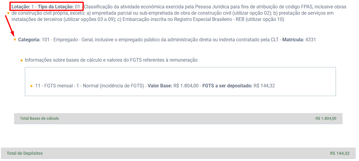 Tela do eSocial detalhando Lotação e Categoria, exibindo o Valor Base do FGTS (1.804,00) e o valor a ser depositado (144,32).