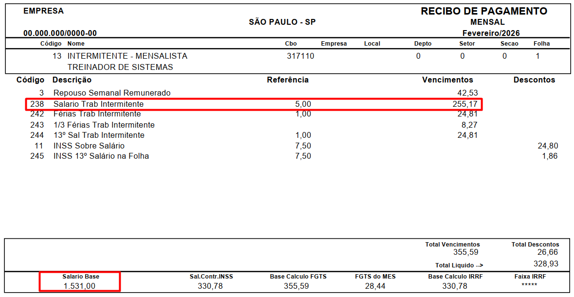Recibo de pagamento destacando em vermelho a linha do Salário de Trabalho Intermitente (255,17) e o valor do Salário Base (1.531,00).