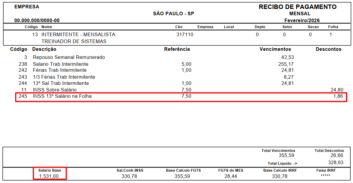 Recibo de pagamento destacando em vermelho a linha do desconto de INSS 13° Salário na Folha (1,86) e o valor do Salário Base (1.531,00).