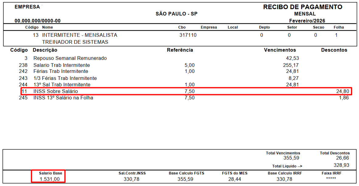 Recibo de pagamento destacando em vermelho a linha do desconto de INSS Sobre Salário (24,80) e o valor do Salário Base (1.531,00).