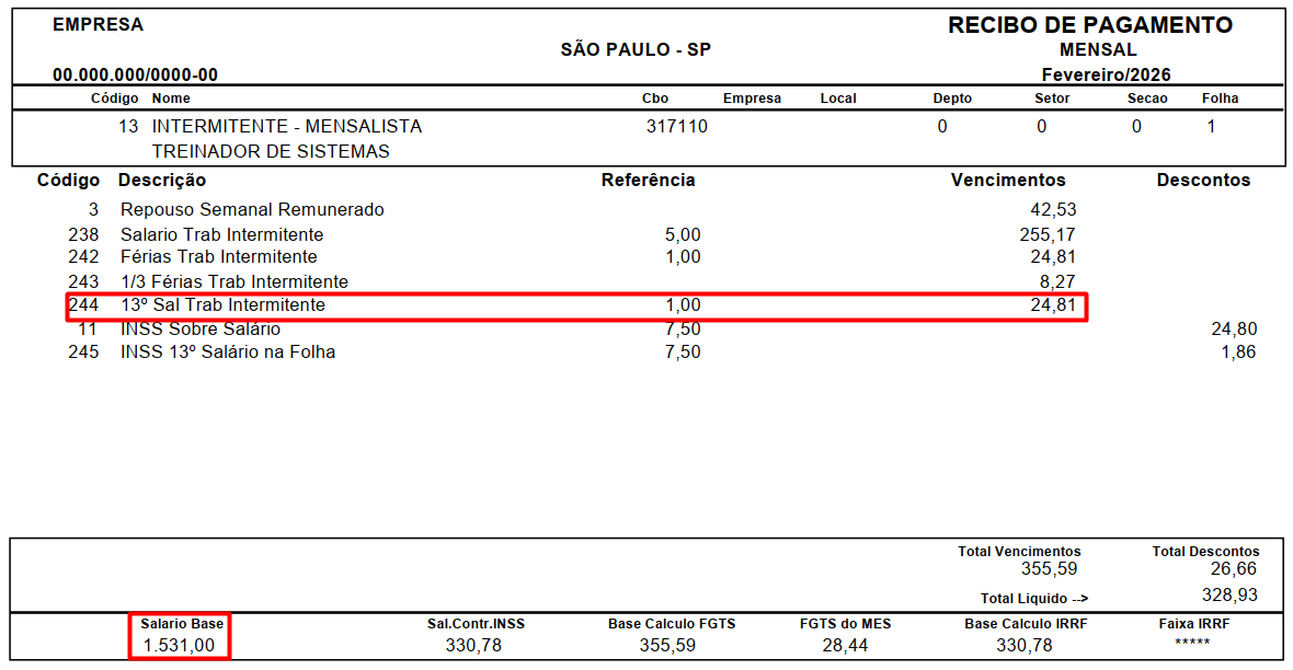 Recibo de pagamento destacando em vermelho a linha do 13° Salário do Trabalho Intermitente (24,81) e o valor do Salário Base (1.531,00).