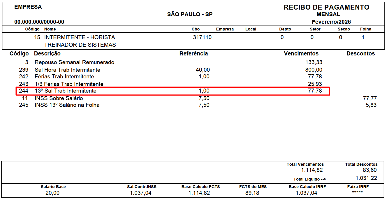 O mesmo holerite de fevereiro de 2026. O destaque em vermelho permanece no "Salario Base" de 20,00. Na tabela central, o retângulo vermelho destaca a linha de código 244, "13º Sal Trab Intermitente", com referência de 1,00 e valor de vencimento de 77,78.