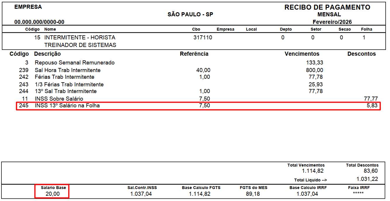 Holerite de fevereiro/2026. Mantém destaque em "Salario Base" (20,00) e destaca o desconto "INSS 13º Salário na Folha" no valor de 5,83.
