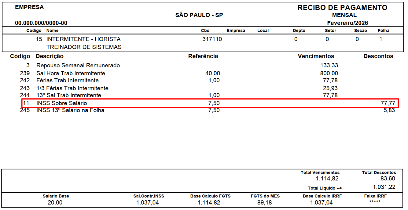 Holerite de fevereiro/2026. Destaca o campo "Salario Base" (20,00) e a linha de desconto "INSS Sobre Salário" com o valor de 77,77.