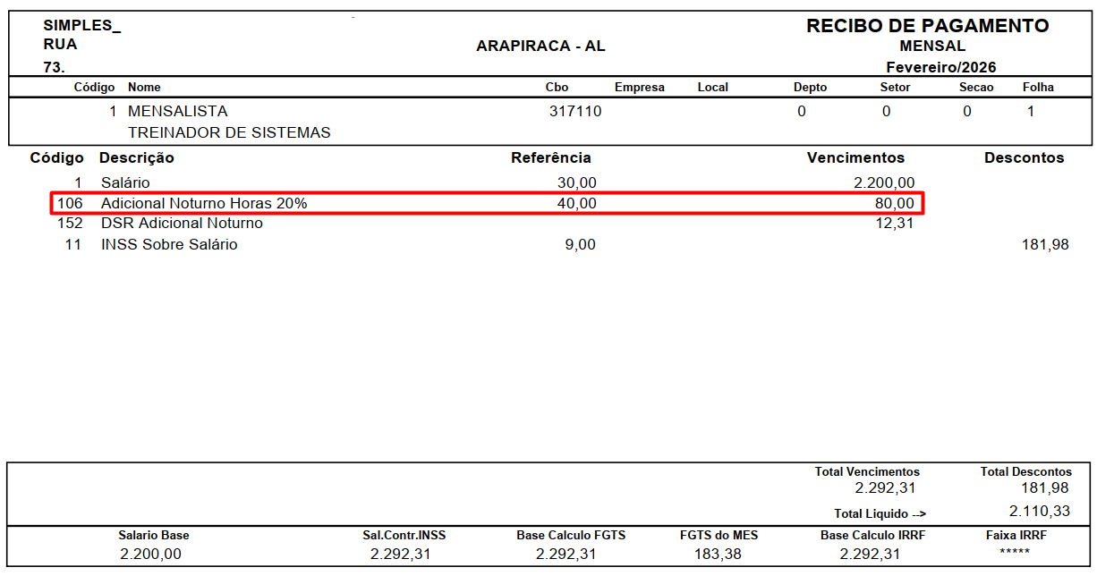 Demonstração do cálculo do recibo com o Evento 106 calculado