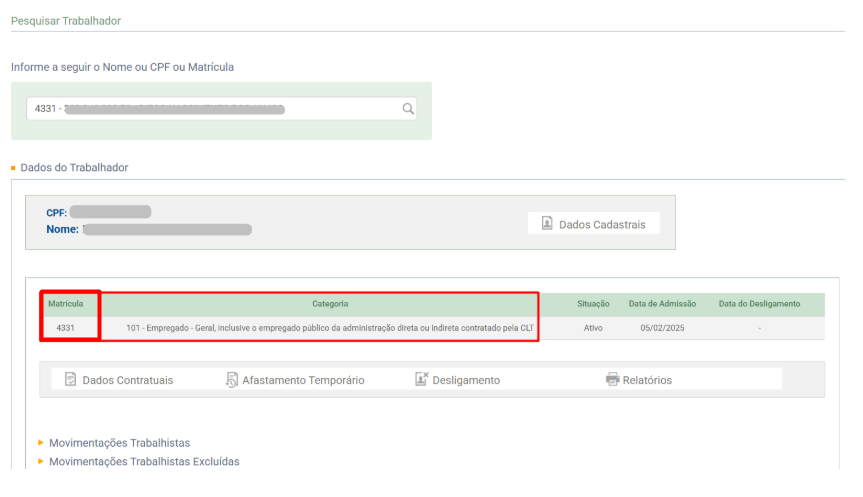 Visualização da matrícula do trabalhador no portal do eSocial
