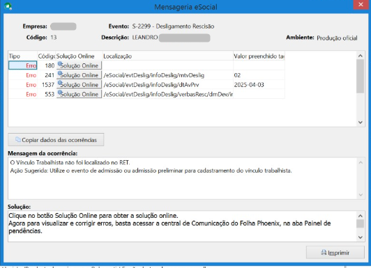 Divergência de matrícula entre sistema e eSocial