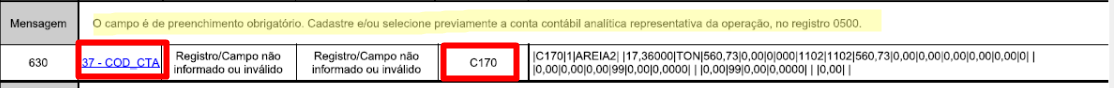 Mensagem de erro C170 COD_CTA no validador da EFD Contribuições.
