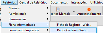 Caminho para emissão do relatório de Dados da Carteira no menu Relatórios