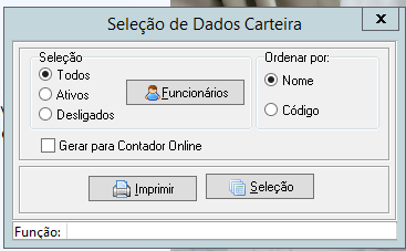 Tela de Seleção de Dados Carteira com opções de filtros e botão Imprimir