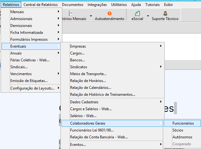 Tela de menu Relatórios, Eventuais, Colaboradores gerais, Funcionários