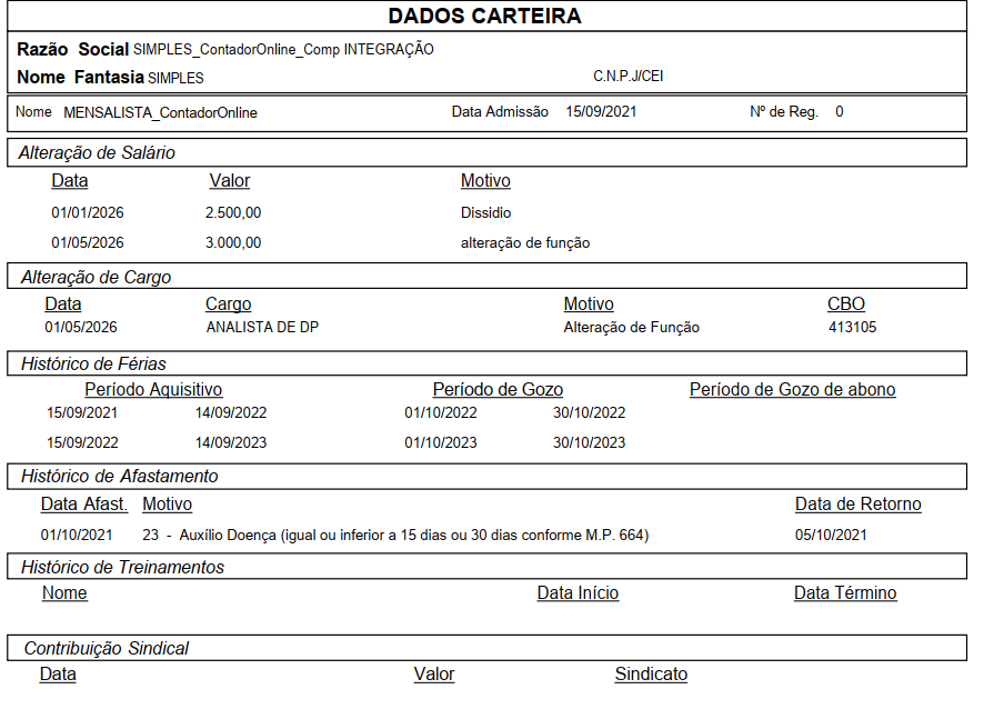 Exemplo de relatório de Dados da Carteira de Trabalho gerado pelo sistema