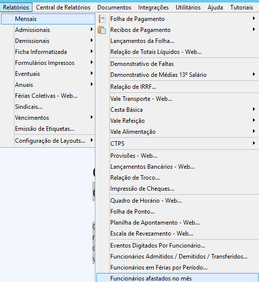 Tela de menu Relatórios, Mensais, Funcionários em afastados no mês