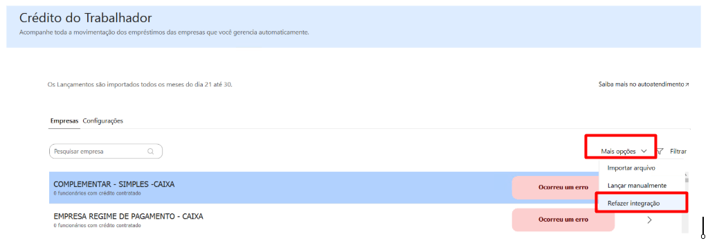 Opção de Refazer Integração no menu Mais Opções