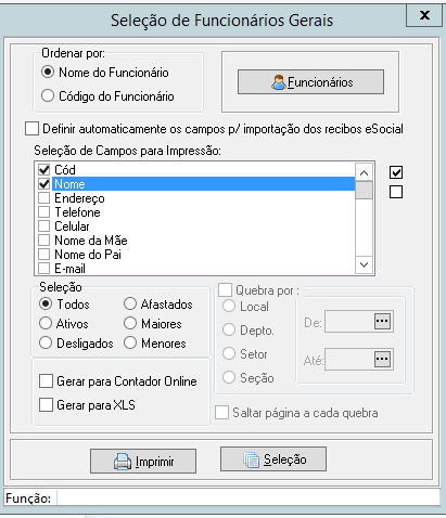 Tela de parametrização do relatório geral de colaboradores com opções de filtros e seleção de campos