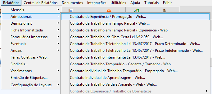 Caminho para acessar os relatórios admissionais no menu do sistema Folha Web