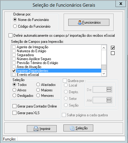 Tela de parametrização do relatório de colaboradores