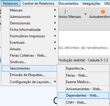 Menu Relatórios, Vencimentos, Dependentes - Web