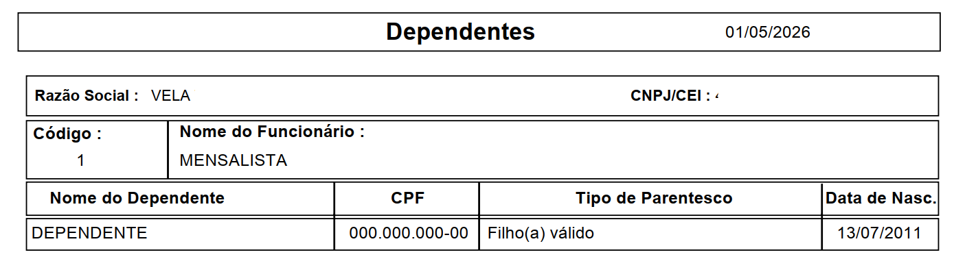 Exemplo de relatório de dependentes em PDF