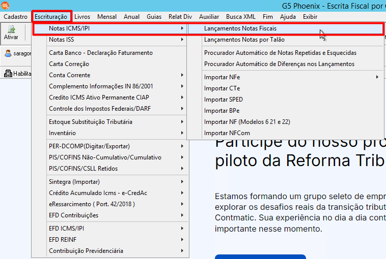 Tela de Lançamentos de Notas Fiscais