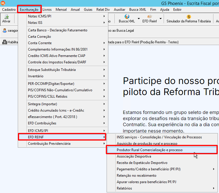 Tela de Produtor Rural Comercialização e Processo