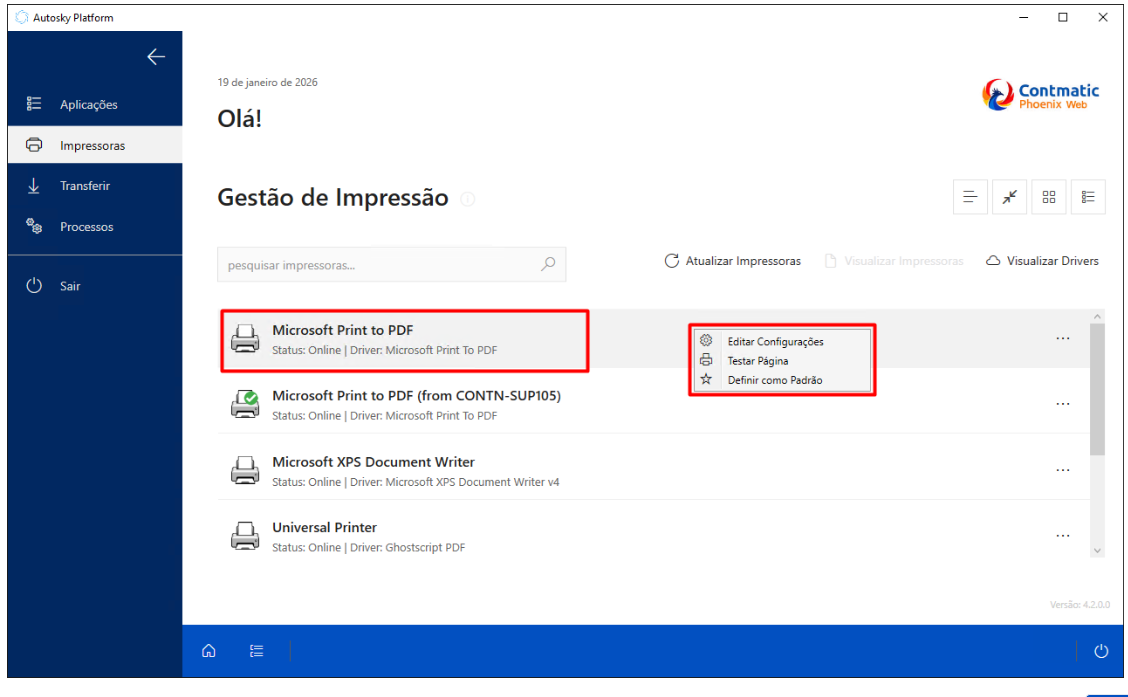 Tela de Gestão de Impressoras no Autosky