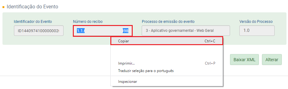 Número de recibo no portal do eSocial