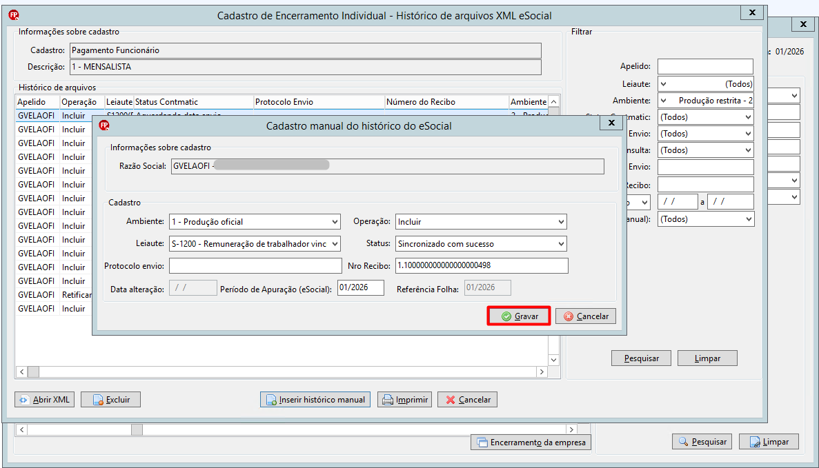 Inserir histórico manual no sistema