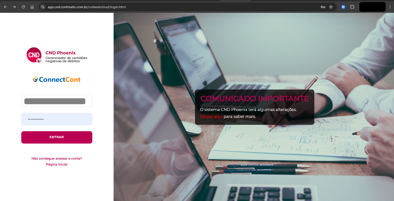 Tela de login do CND.