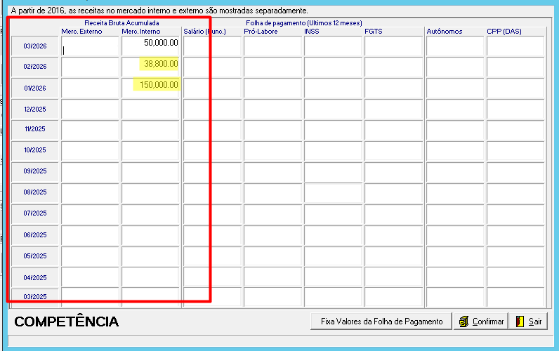 Tela de Receita Acumulada Interna com valores mensais
