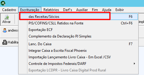 Menu Escrituração DAS Receitas Sócios