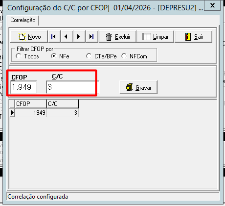 Detalhe do parâmetro C/C por CFOP