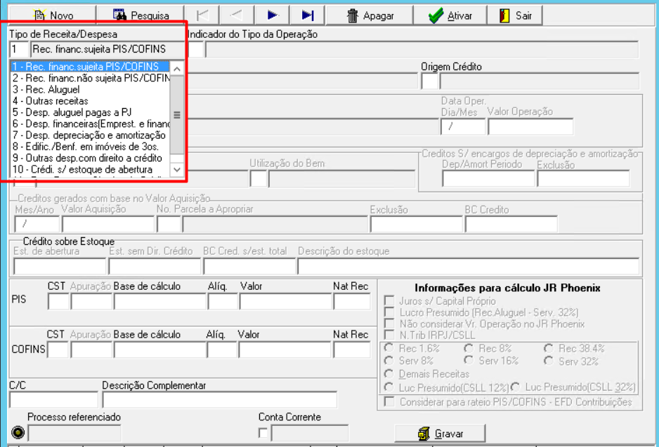 Seleção do Tipo de Receita ou Despesa na escrituração